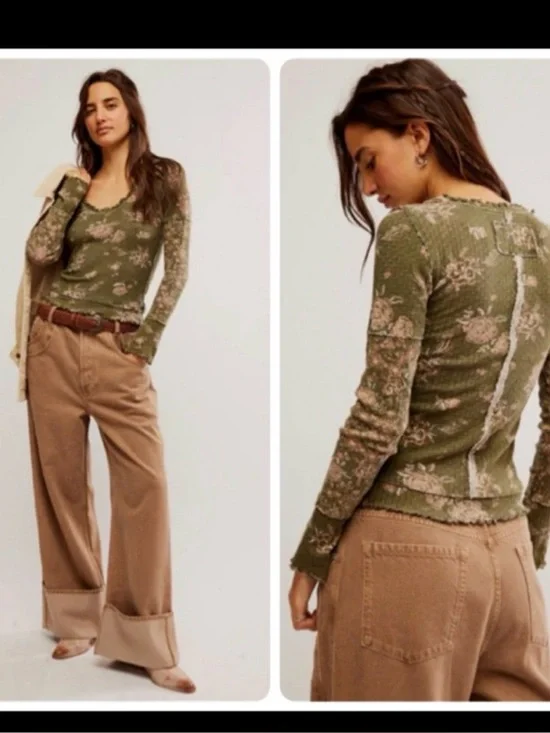 NEW Free People WE THE FREE CLOVER PRINTED THERMAL TOP SIZE SMALL