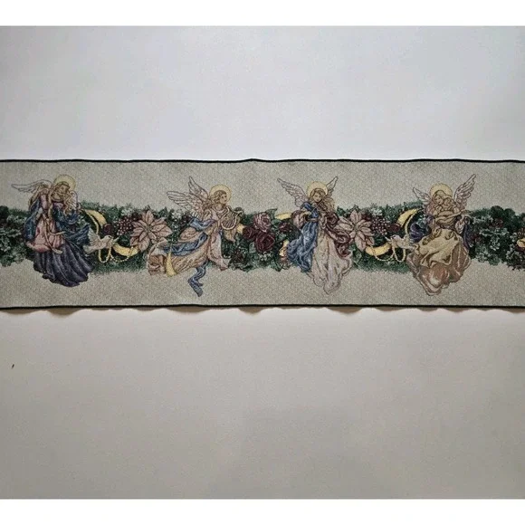 Tapestry Table Runner Christmas Angel Wreath 13X72 Green‎ USA Made Glitter Long