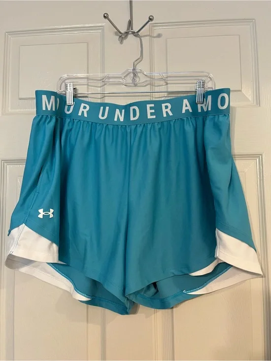 #64 Under Armour Womens Play Up 3.0 Twist Sky Blue White Athletic Shorts Plus 2x