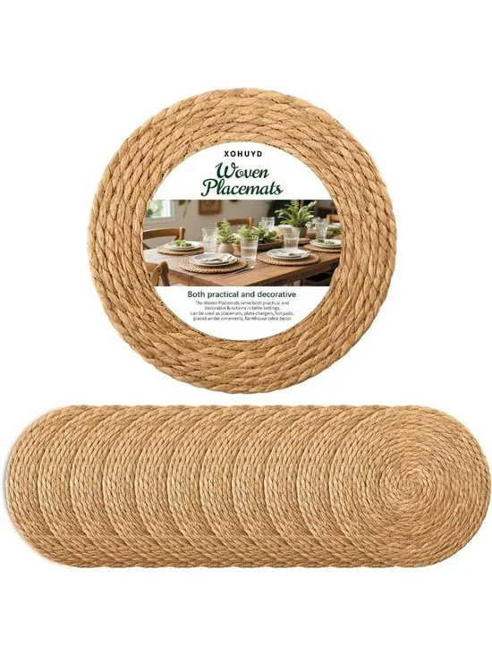 Set of 12 Round Woven Placemats, Boho Rustic Jute Chargers for Dining Table
