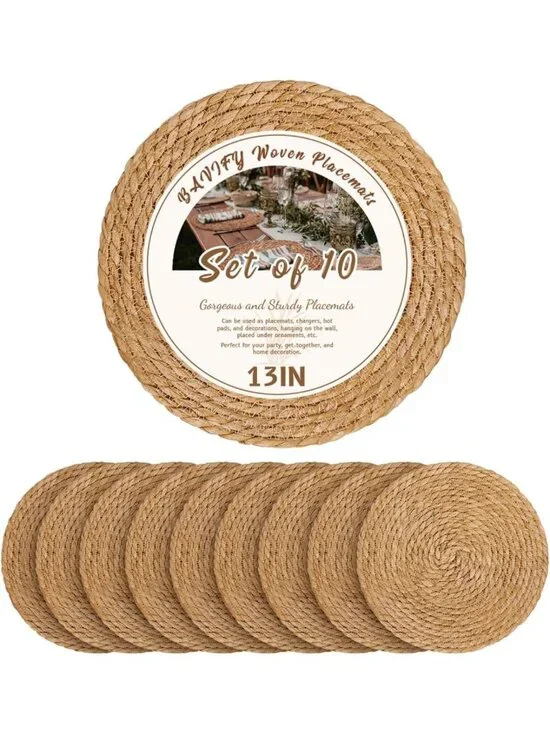 Set of 10 Round Woven Placemats, Boho Rustic Table Chargers, Jute Braided Decor