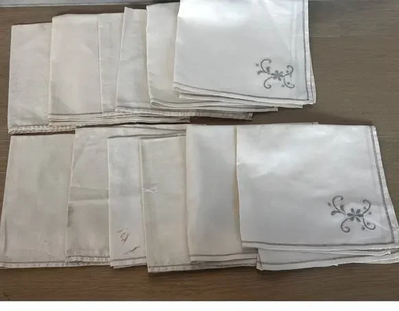 Set 12 Vintage Linen Napkins Gray Embroidered Corner Hemstitched 16