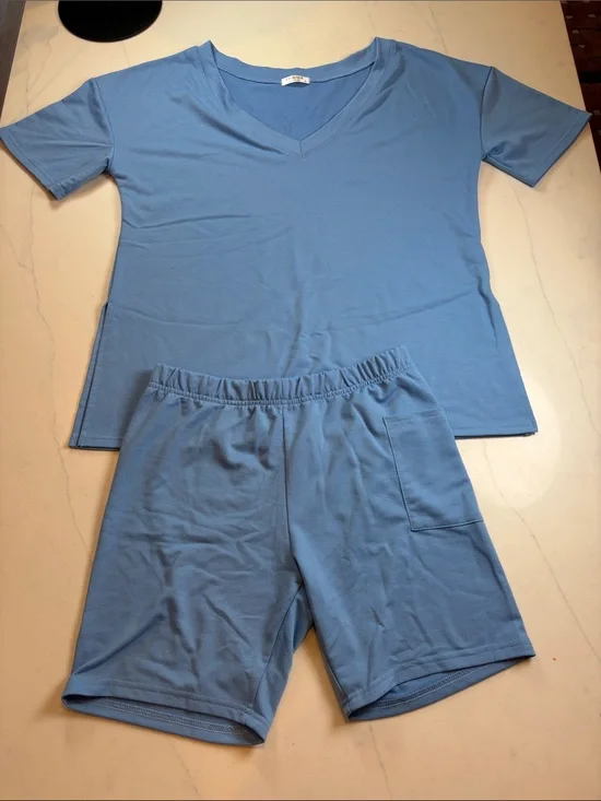 Light Blue V-Neck Short Set