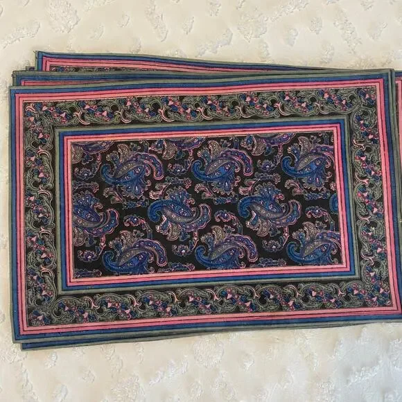 Set of 8 Cotton Placemats Block Printed Made in India Paisley Colorful