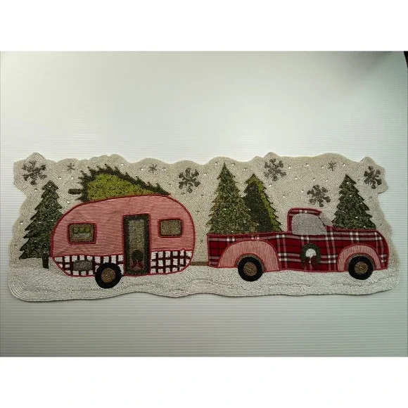 CHRISTMAS BEADED TABLE‎ RUNNER RED TRUCK GREEN TREES 36