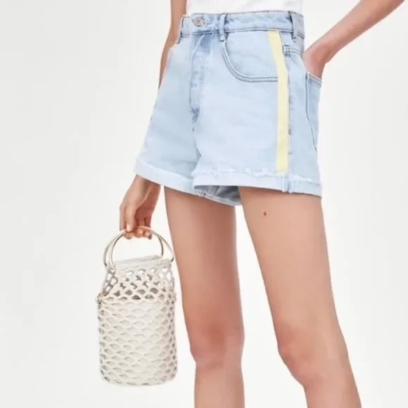 🆕 ZARA Hi Rise‎ Hot Pant Denim Short Yellow Tuxedo Stripe NWT