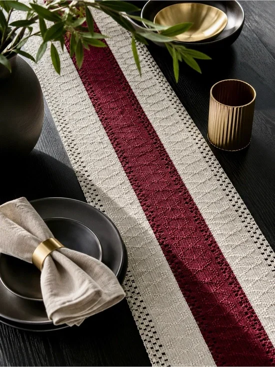 Farmhouse Table Runner 12x72 Burgundy Cream Cotton Blend