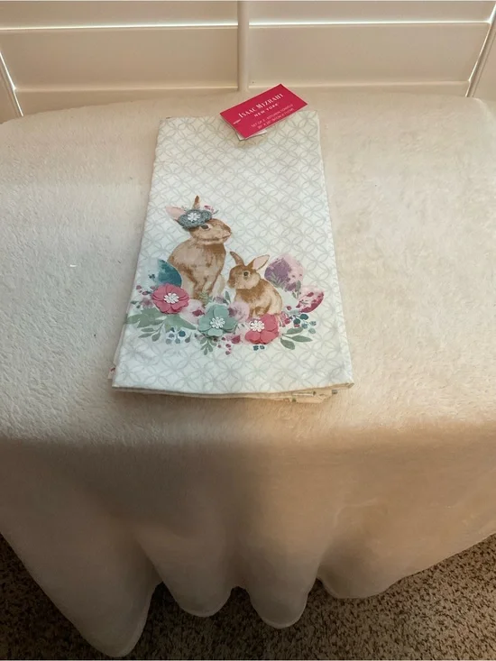 Isaac Mizrahi White Kitchen Towel with Mint Geometric and Floral Accents