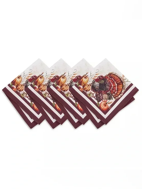 Festive Turkey & Pumpkin Dinner Napkins - Burgundy Border set of 4