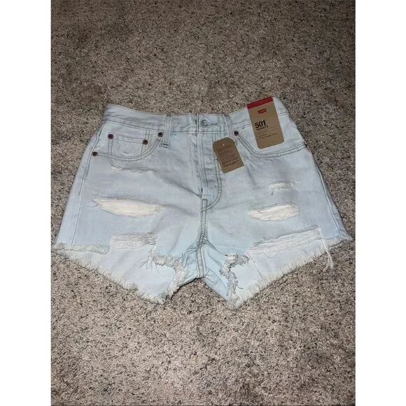 Levi's 501 Light Blue Distressed Denim Jean Shorts