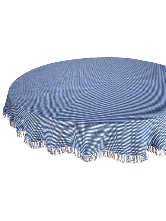 Blue Gingham Round Tablecloth with Fringe Trim