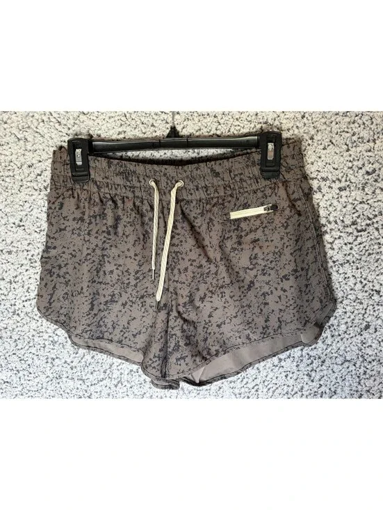 Vuori Womens Running Shorts Medium Gray Navy Abstract Print Lined Zip Pocket