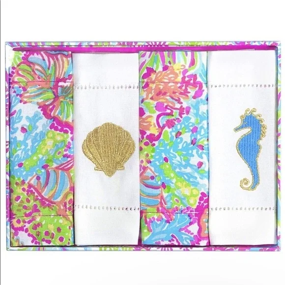 Lilly Pulitzer cotton embroidered cocktail napkin set of 4 NWT in box
