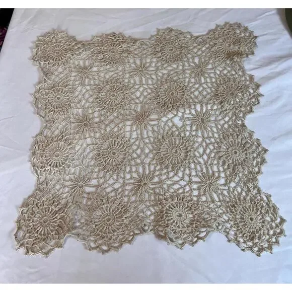 Vintage Handmade Crochet Doily Champagne Beige Floral Lace Square 14.5x12