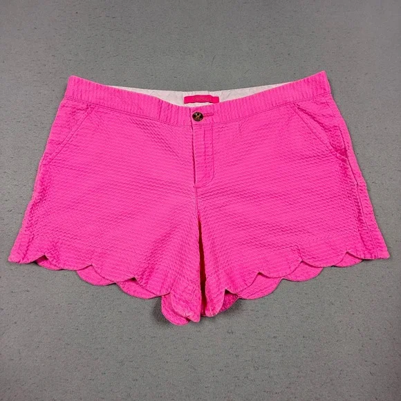 Lilly Pulitzer Buttercup Shorts Womens 12 Pink Seersucker Scalloped Hem Preppy