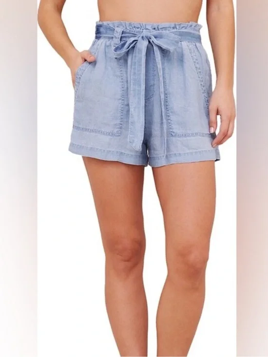 BELLA DAHL Chambray Tie Waist Pull-On Shorts Blue Lyocell Size L