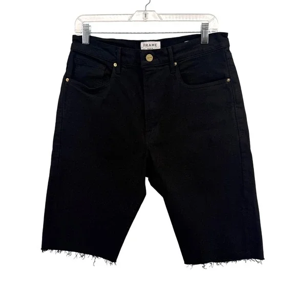 Frame Le Vintage Bermuda Womens 30 Pre-Owned Shorts Black Raw Hem Denim Stretch