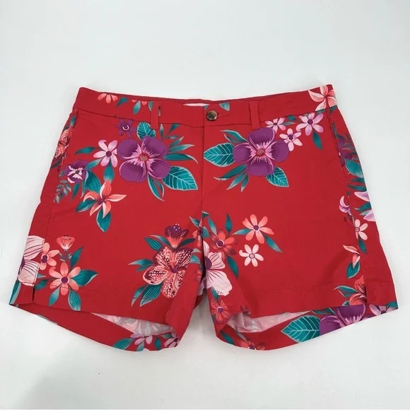 Old Navy Everyday Shorts Womens 14 Chino Red Floral Hawaiian Preppy Tropical