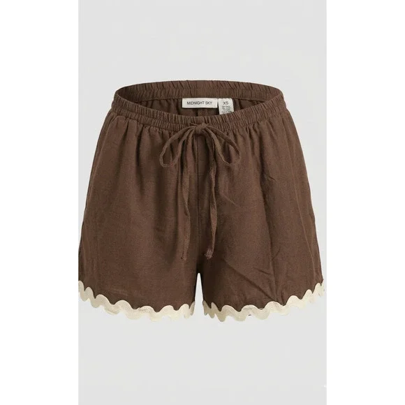 Midnight Sky Brown Scalloped Ric Rac Hem Linen‎ Blend Shorts XS
