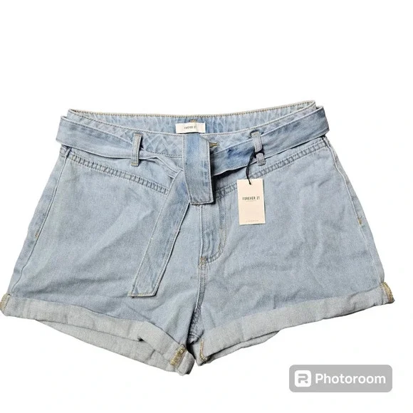 Forever‎ 21 Denim Cuffed Belt Shorts