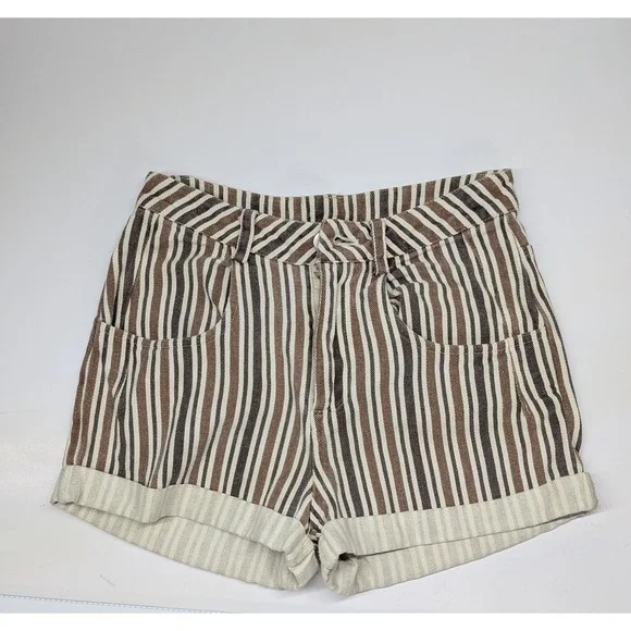 Altar'd State Striped High Waisted Denim Shorts Brown Tan Cream Cuffed XS