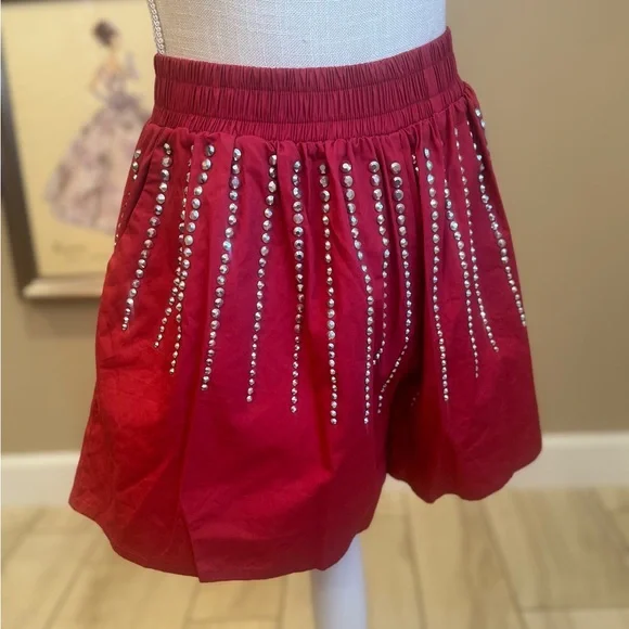New! QUEEN OF SPARKLES Red Cotton Shorts with Silver Burts