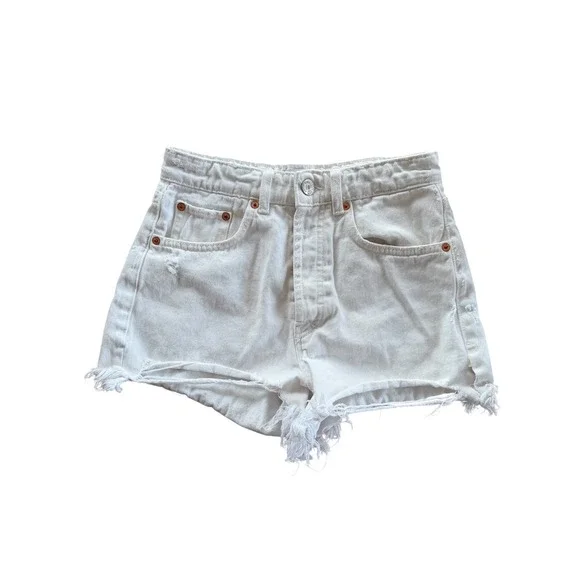 Zara White High Waisted Distressed Denim Shorts Button Fly Size‎ 4