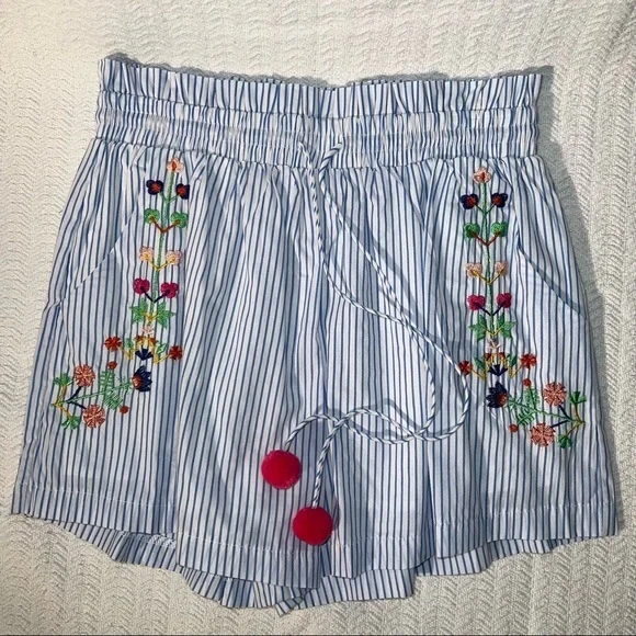 hazel Blue & White Striped Embroidered Pom Pom Shorts