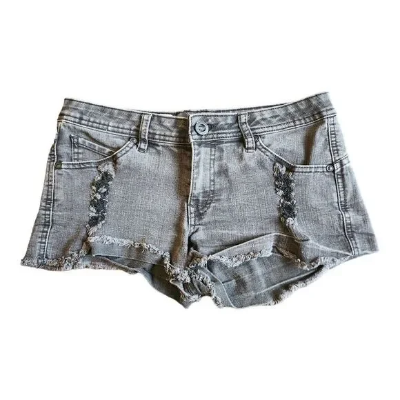 Volcom High Voltage Destroyed Denim Short Shorts. Black, Juniors Size 7 Distress