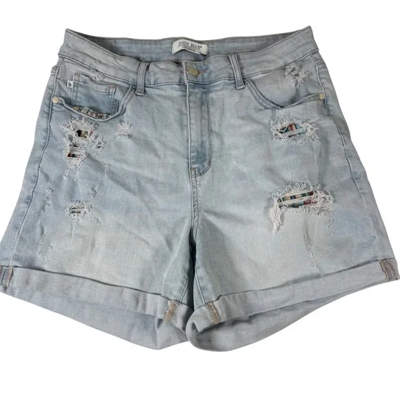 Judy‎ Blue Distressed Aztec Jean Shorts Womens 1XL Light Wash Denim Western Boho