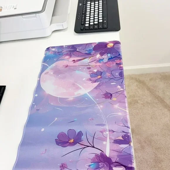 Dreamy Flower & Moon Long Mouse Pad Purple Aesthetic Anti-Slip Large Desk Mat