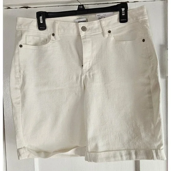 NWT SONOMA‎ white denim mid rise woman 12R cuffed Bermuda shorts inseam 9