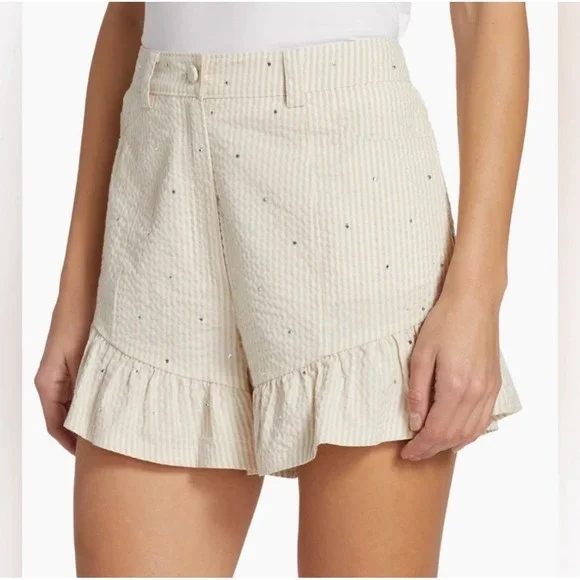 Cinq A‎ Sept Neema Rhinestone Seersucker Shorts Cream Ruffle Chic 10 Striped