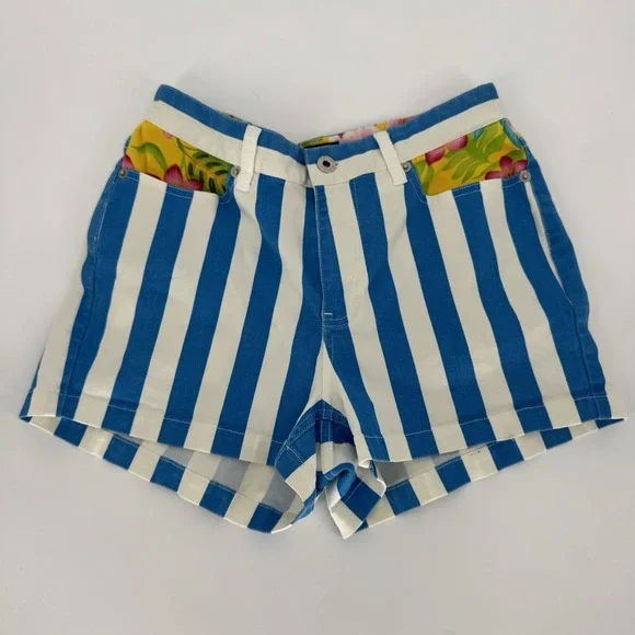 Tommy Hilfiger‎ Y2K Stripe Shorts Women's 4 Blue White Coastal Tropical Floral