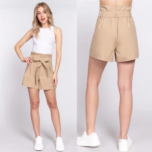 New Boutique Chic Khaki High Waist Belted Stretch Shorts - Sizes S, M, L