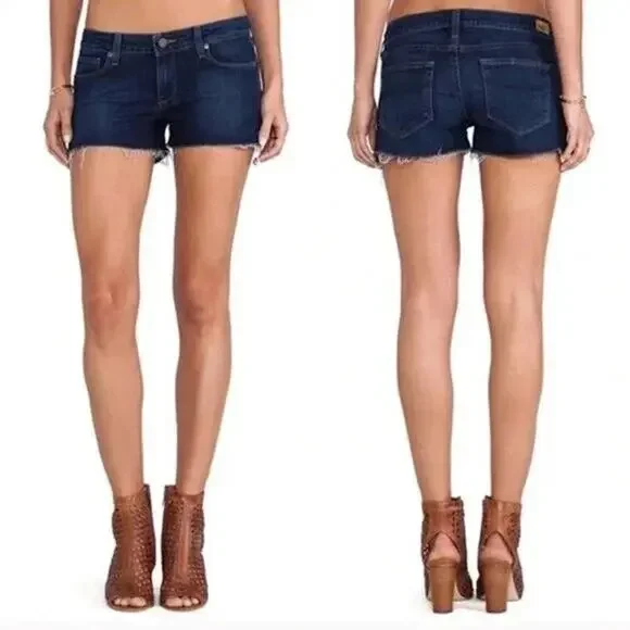 Paige Catalina Mid Rise Blue Denim Jean‎ Frayed Hem Cutoff Shorts Women's 28