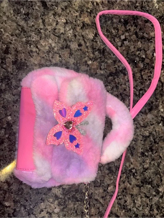Kids Pink Faux-Fur Butterfly Crossbody Purse