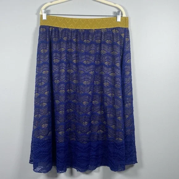 Lularoe‎ Womens Lola Skirt Size XL Blue Yellow Lace Overlay Knee Length Office