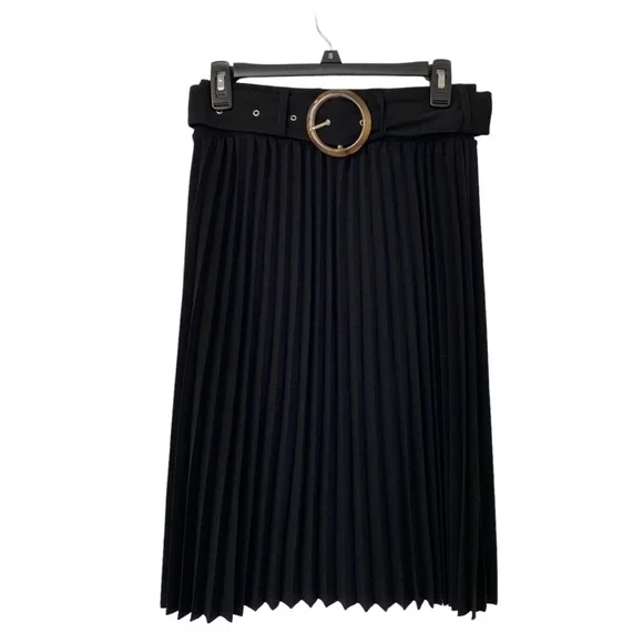 Lark & Grey Women’s Pleated Midi Skirt with Fabric Belt in Black Size Medium