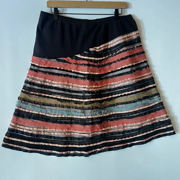 Vintage Boho Striped Tiered Pleat A-Line Midi Skirt Black Multi Color Waist 33