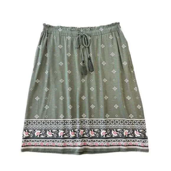 J. Jill NEW Caraway Olive Green Tie Tassel Pull On Soft Floral Cottagecore Skirt