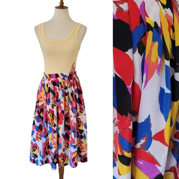 Vintage Handmade Multi-color Pleated Waist‎ Midi Skirt