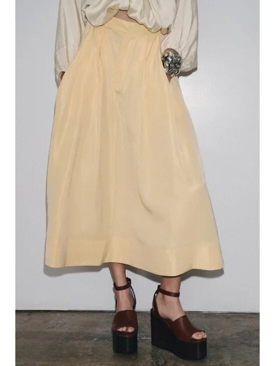 Zara ZW Womens Midi Skirt XS Yellow High Waist A-Line Flare 2484/065 NWT