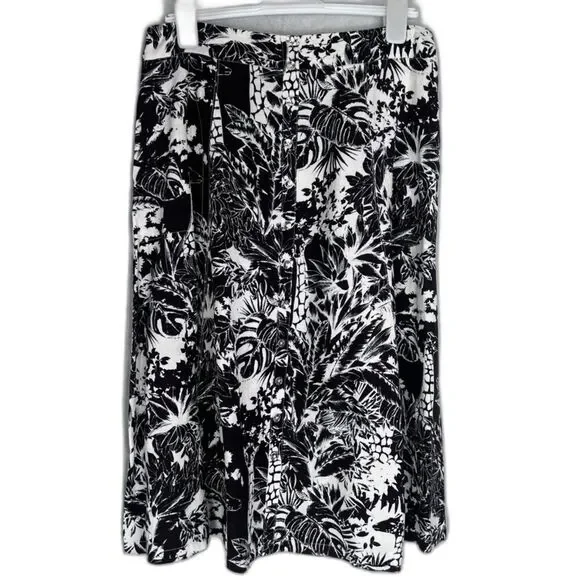Grace Elements Linen Blend Black White Tropical Floral Midi Skirt Size 12‎