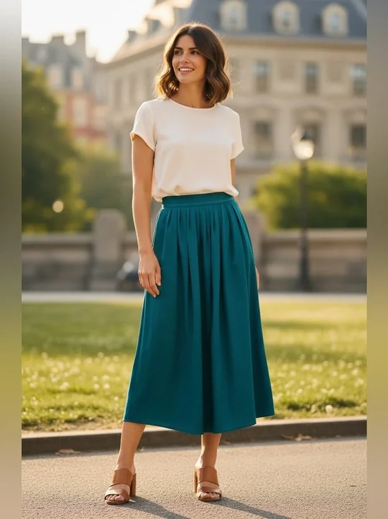 80s SILK TEAL GREEN GATHERED MIDI SKIRT W CONCEALED POCKET QUIET LUXURY SZ 6