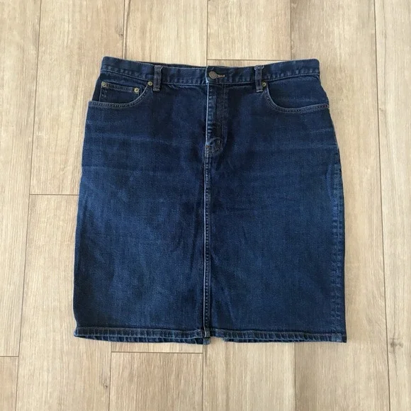 Lauren Ralph Skirt Womens 14 Blue Denim Mid Rise Straight Pencil 90s Old Money