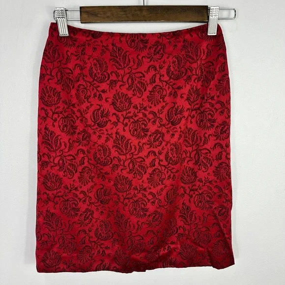 Vintage 90s Ann Taylor Pencil Skirt Womens 0P Red Floral Whimsigoth Baroque Glam