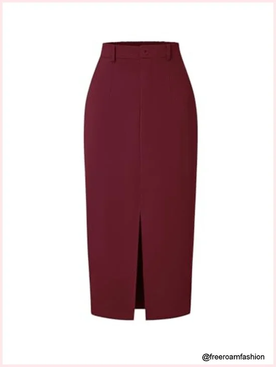 High Waisted Pencil Midi Skirt with Front Slit and Pockets