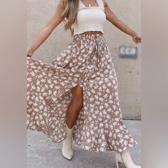 Promesa Floral Button-Front Ruffled Drawstring Maxi Skirt size small