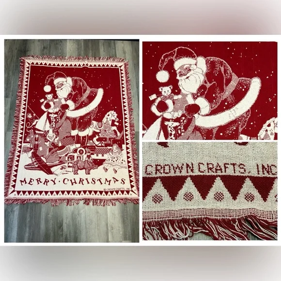 CROWN CRAFT Merry Christmas Santa Throw Blanket Vintage Fringed Red‎ Ivory 46x58
